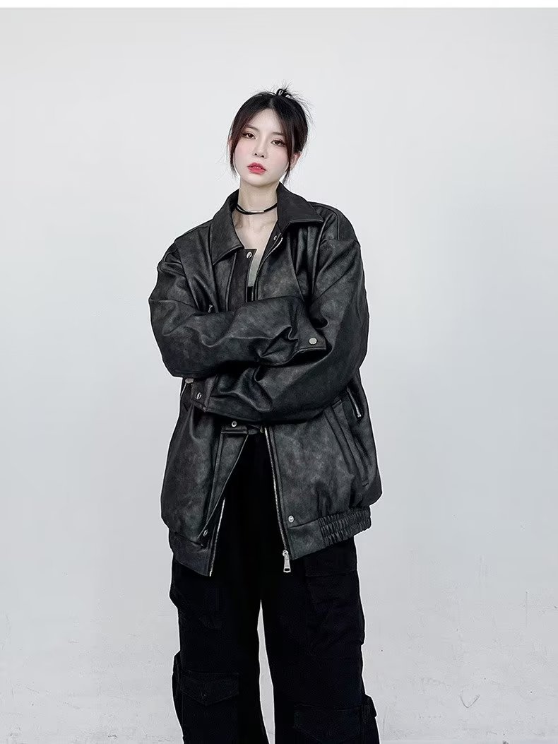 潮牌新款痞帥嘻哈帥氣外套男女ins美式小眾雙拉鏈設計皮夾克