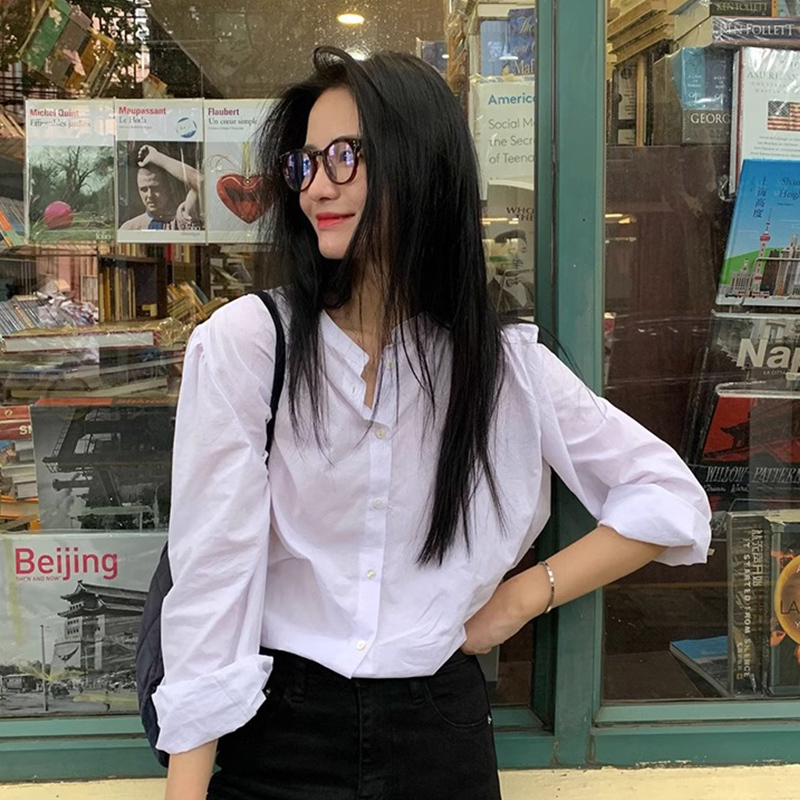 Official photo Korean style round neck white shirt women's long sleeve autumn shirt retro design niche bubble ins