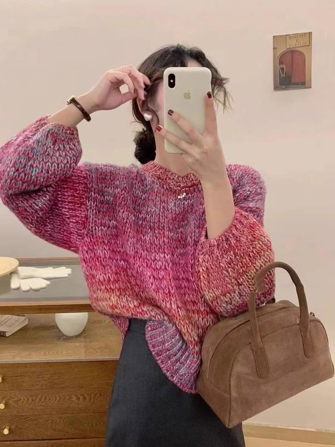 慵懶風漸變色圓領針織衫女早秋法式新款軟糯長袖上衣寬鬆套頭毛衣