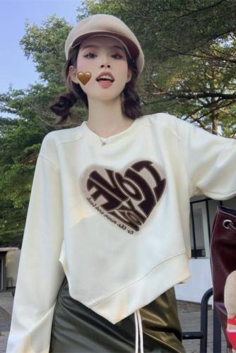 秋季新款韩版字母印花宽松不规则长袖卫衣女短款潮流上衣