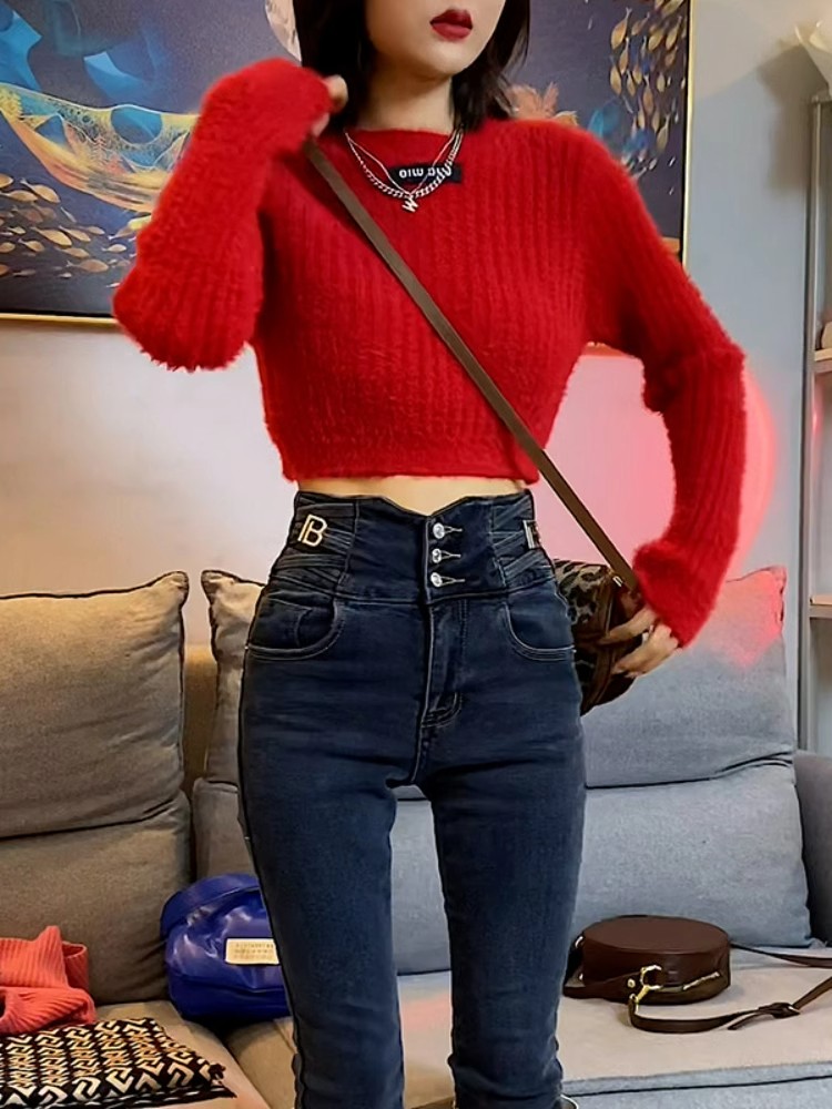 Soft and waxy pullover sweater for women 2023 autumn and winter new style round neck long sleeve knitted slim fit short top for small people