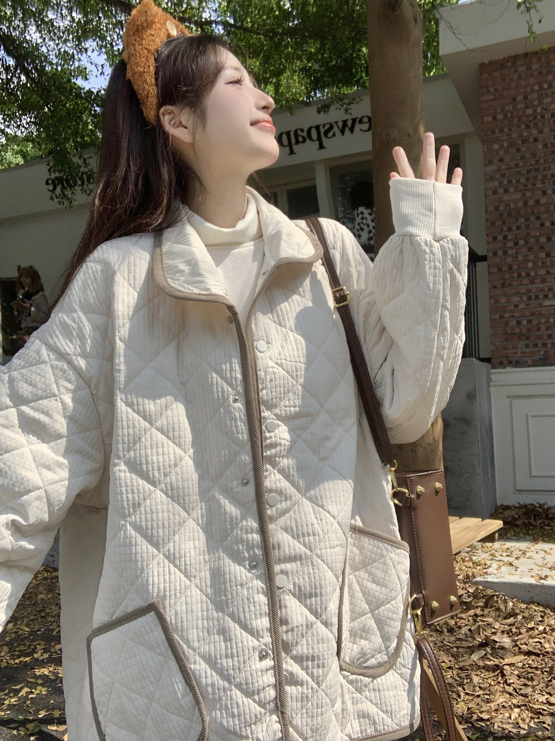 新款韓版休閒寬鬆百搭菱格夾棉棉服減齡輕薄棉衣外套女  實拍