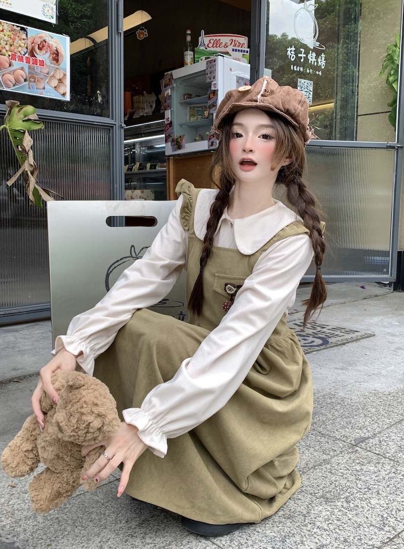 實拍~甜美學院風穿搭秋冬一整套燈芯絨背帶連衣裙兩件套