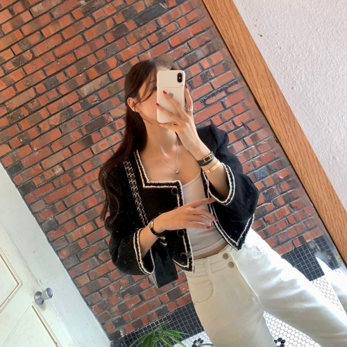 South Korea's Dongdaemun Retro Style Slim Contrast Color Ribbon Tweed Qianjin Xiaoxiang Jacket Short Jacket