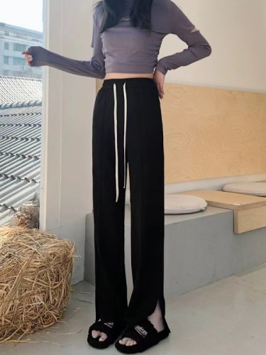 窄版阔腿裤女秋季2023新款高腰垂感休闲裤小个子加绒针织运动裤子