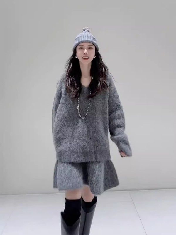 高級感氣質名媛鹽系輕熟御姐套裝法式復古針織毛衣連衣裙子春秋女
