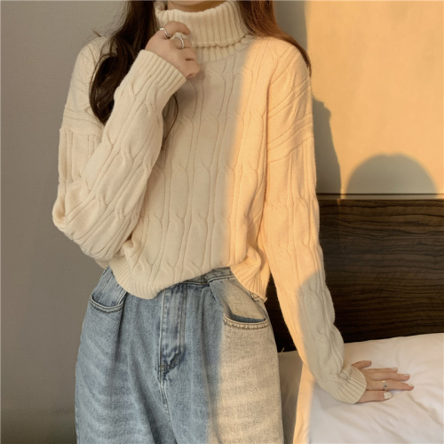 Actual shot ~ new autumn and winter Korean style short twist turtleneck sweater loose pullover knitted top