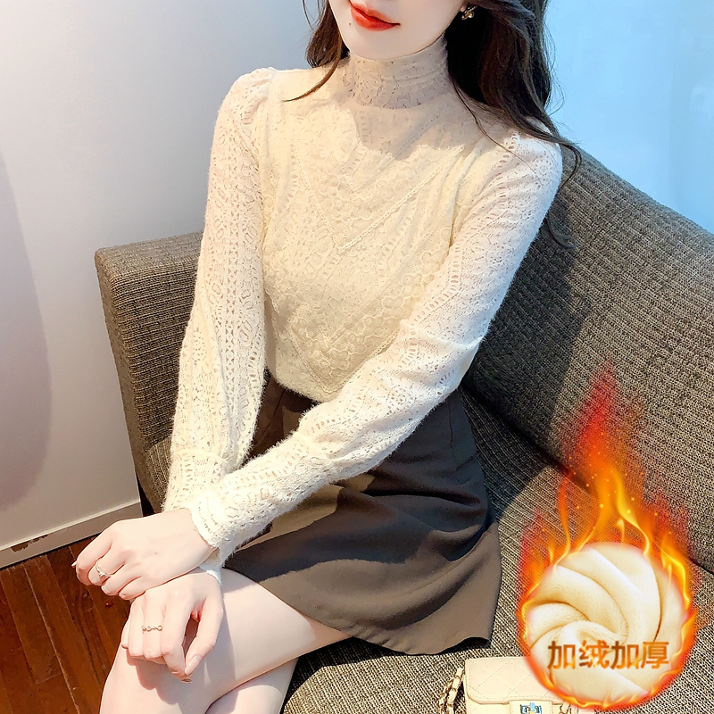 時尚蕾絲衫女冬季新款法式宮廷風半高領加絨加厚洋氣打底上衣