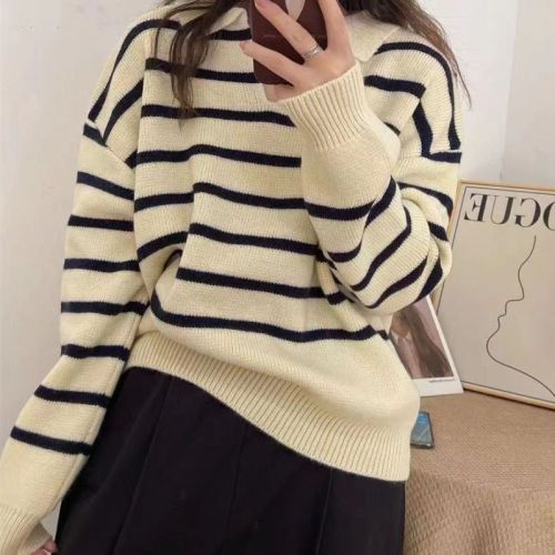 Retro lazy style contrast striped polo collar sweater for women 2023 autumn new loose and versatile sweater pullover