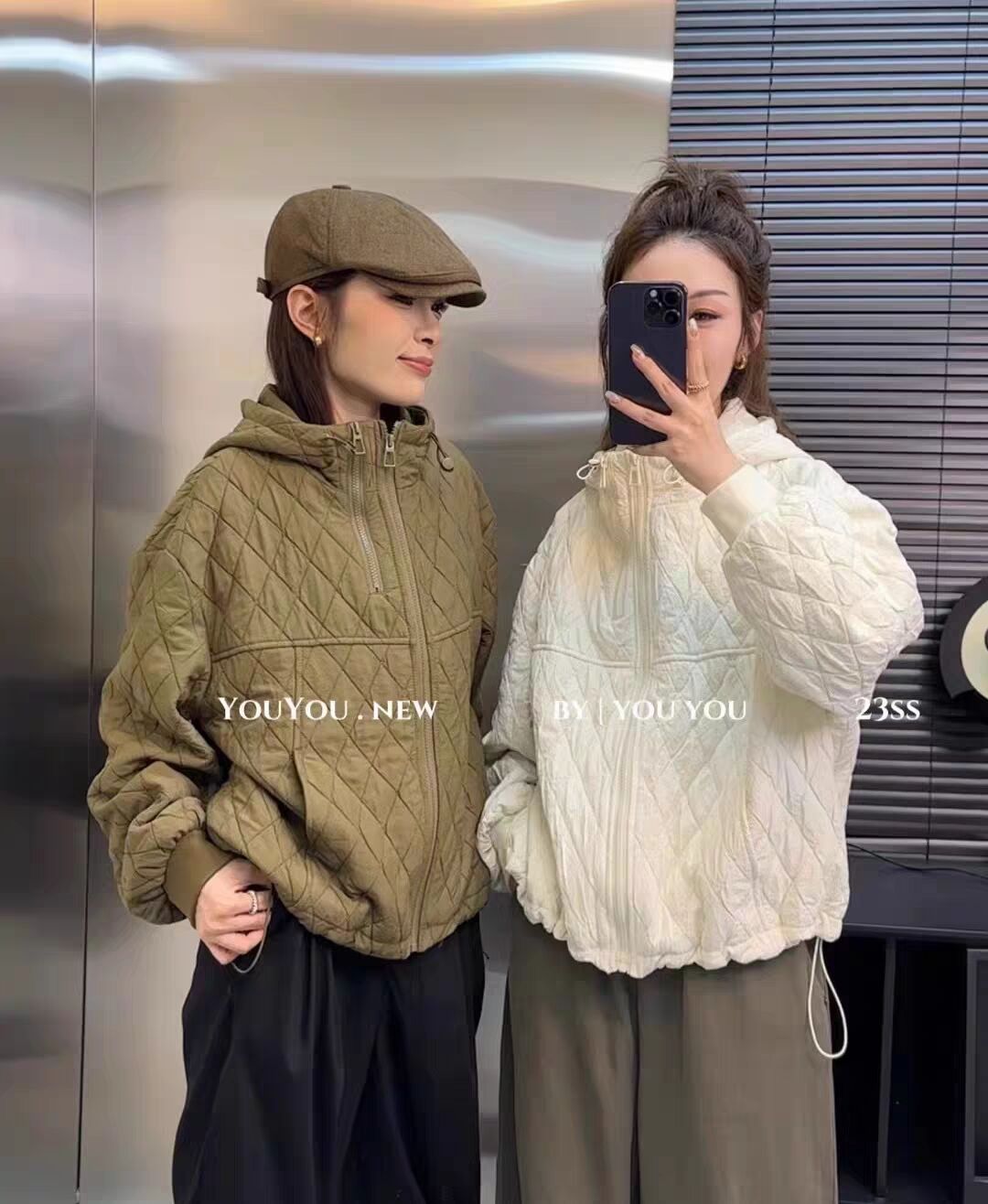 連帽寬鬆外套菱形格子時尚棒球服休閒女裝秋裝新款2023長袖百搭