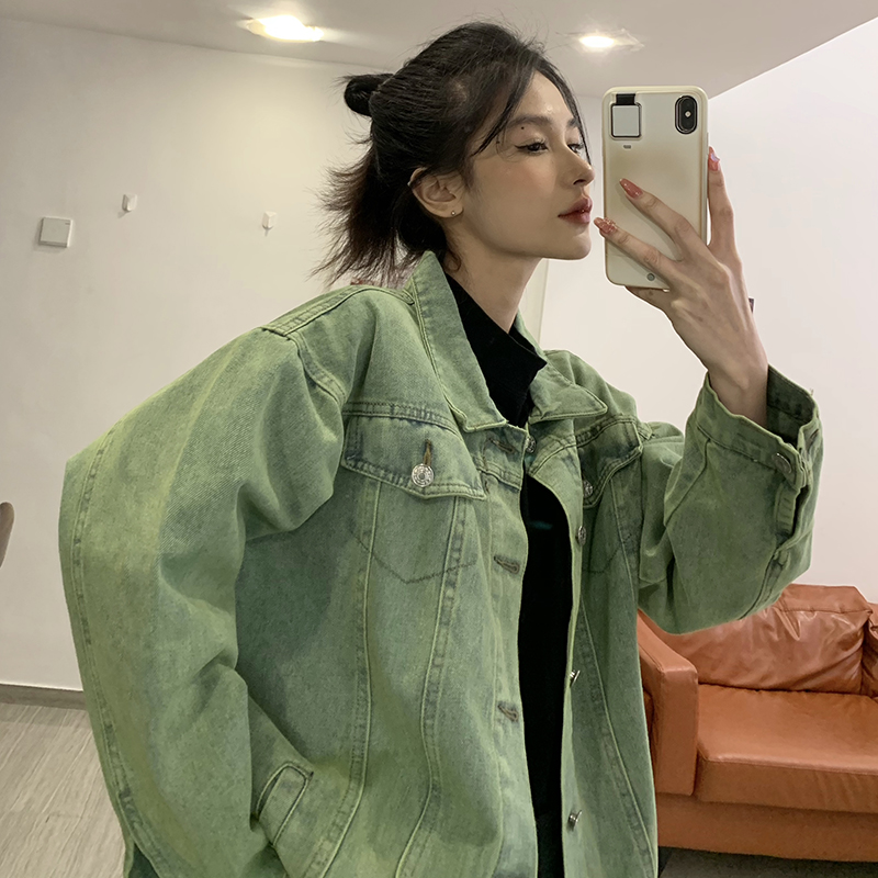Actual shot ~ Korean ins green washed denim jacket for women Harajuku style loose bf jacket trendy top
