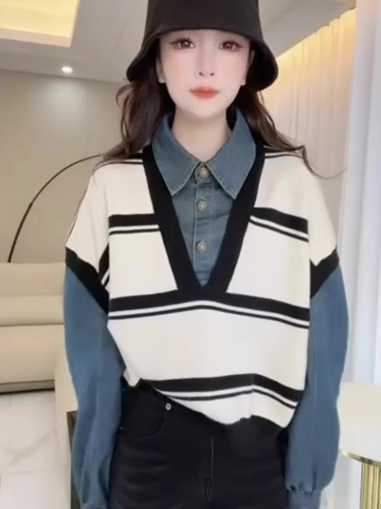 春秋裝新款設計感拼接牛仔條紋假兩件針織毛衣女時尚洋氣長袖上衣