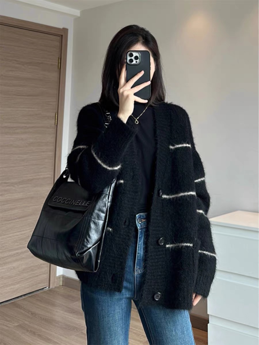 Korean style soft and waxy black knitted jacket for women, new autumn style, lazy temperament, striped slimming and versatile top