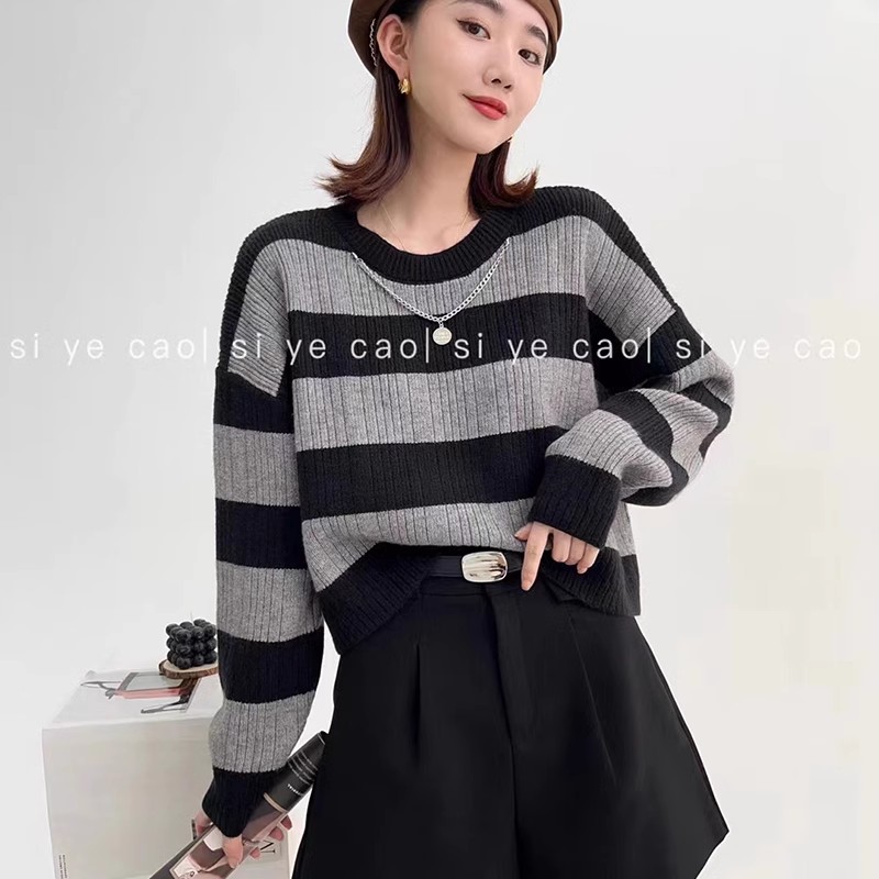 Striped long-sleeved sweater for women 2023 autumn new style lazy style loose and versatile round neck pullover sweater top trendy