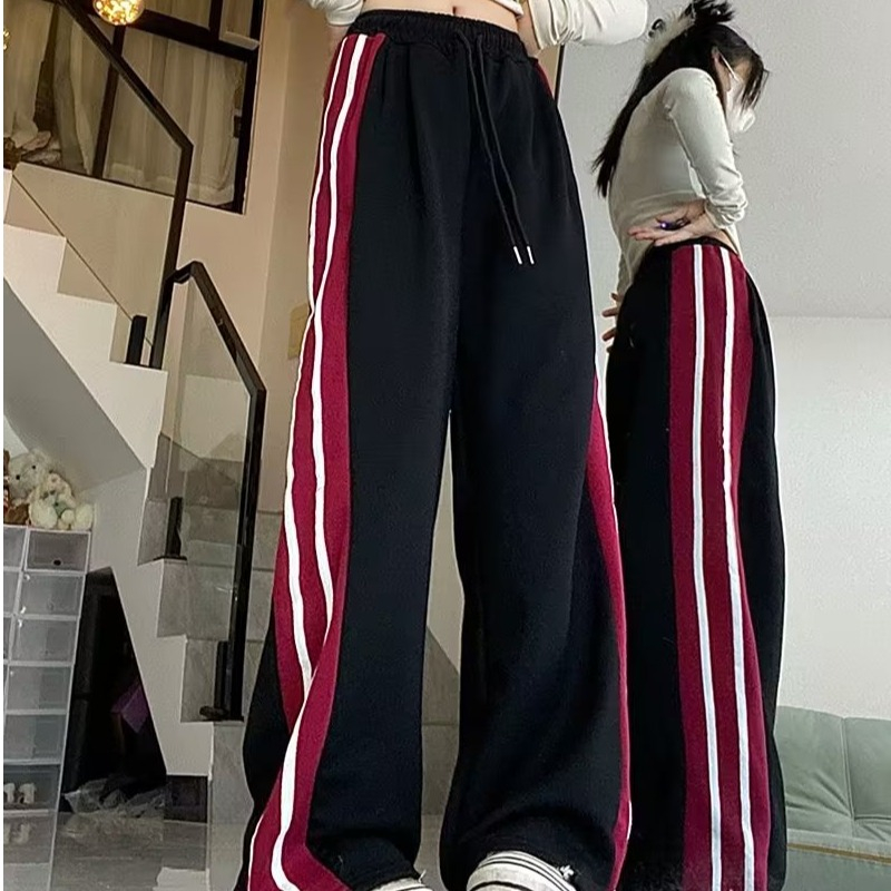 休閒褲女秋季美式復古寬鬆百搭高腰顯瘦垂感直筒豎條拼接闊腿長褲