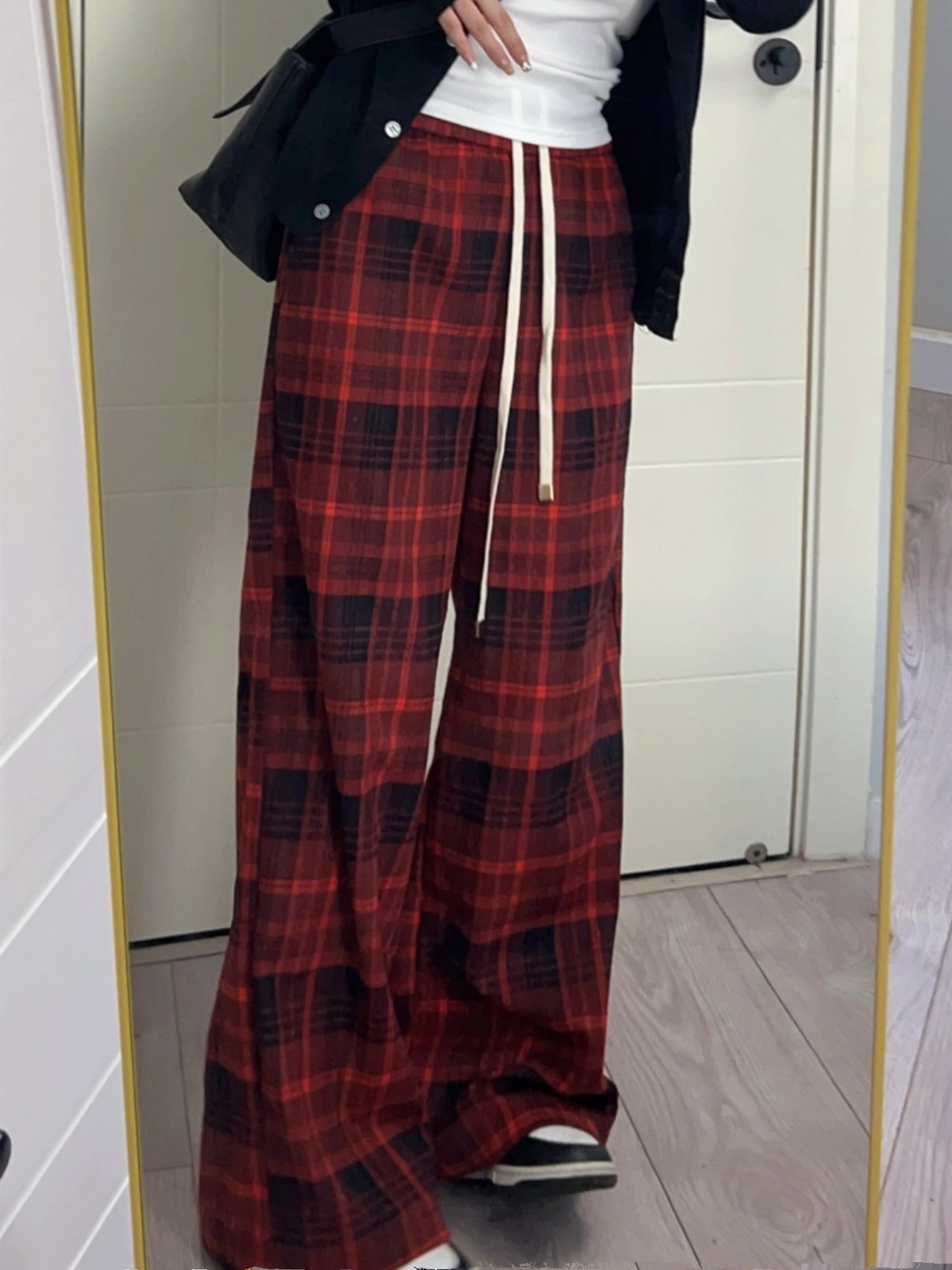 TR原版 闊腿褲女春秋寬鬆直筒休閒褲高街紅色格子褲