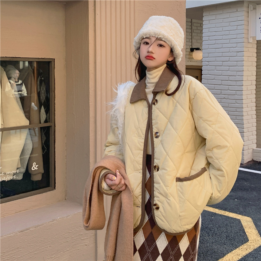 實拍  秋冬新款韓版加厚保暖撞色小翻領菱格棉服
