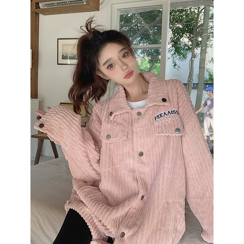 實拍  燈芯絨復古外套女秋款韓版寬鬆翻領棒球服ins潮