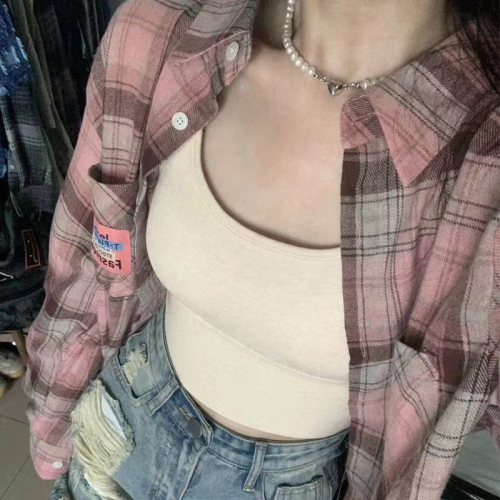 Non-lazy gentle wind power style coat, Instagram long-sleeved polo pink checkered shirt