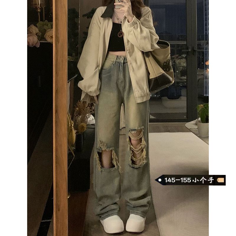 小個子淺色破洞水洗牛仔褲女秋季韓版直筒顯瘦寬鬆闊腿長褲潮ins