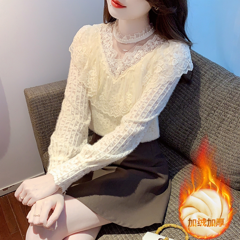 加絨加厚襯衫女冬裝新款設計感法式洋氣公主風通勤上衣蕾絲衫