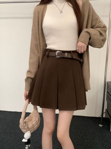 Actual shot~Korean style high-waisted slimming design hot girl age-reducing pleated skirt woolen A-line short skirt