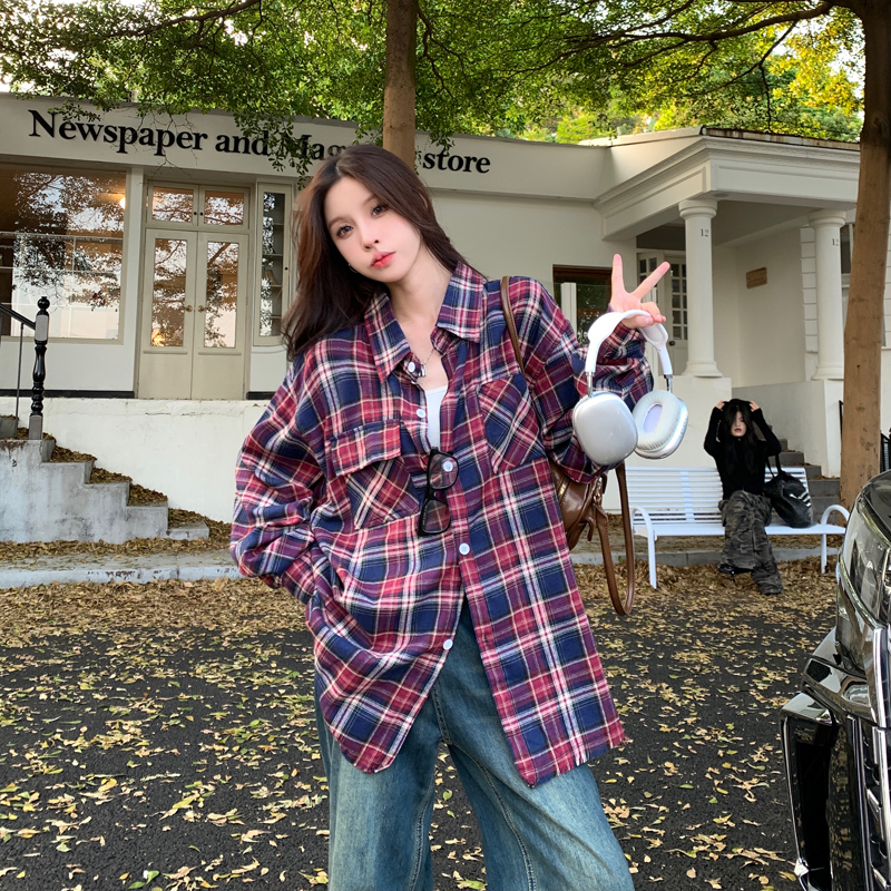 實拍美式復古格子長袖襯衫女秋季新款小眾百搭潮流休閒情侶上衣