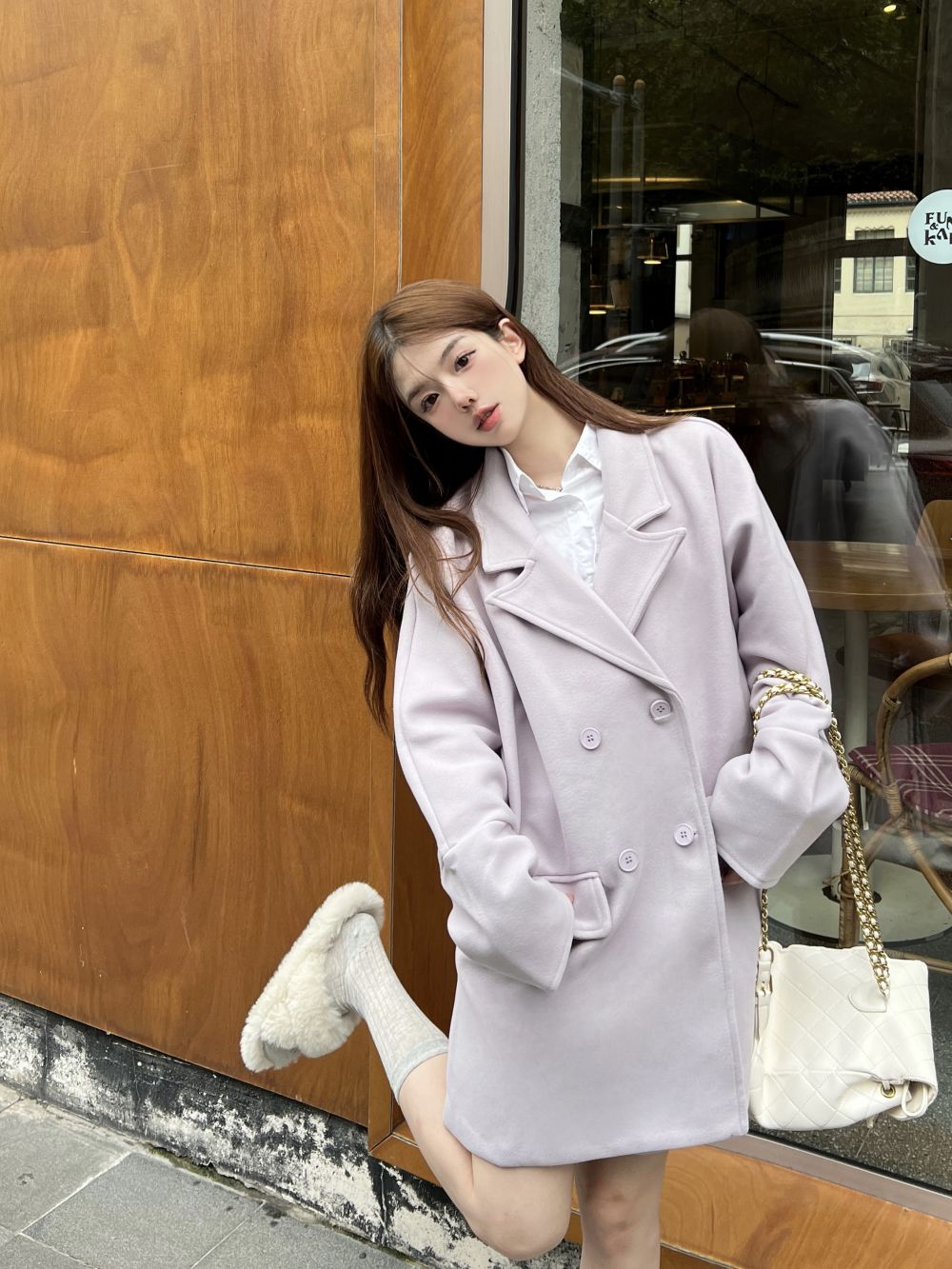 實拍三標齊產首爾戀人西裝式中長款毛呢外套女