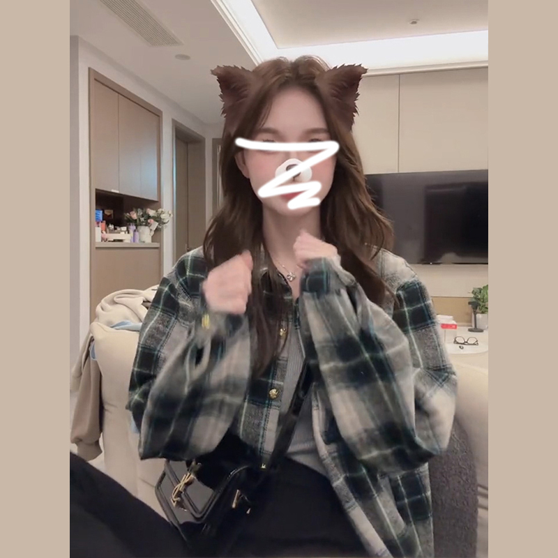 2023早秋季新款格子長袖襯衫外套女洋氣減齡設計感寬鬆小個子上衣