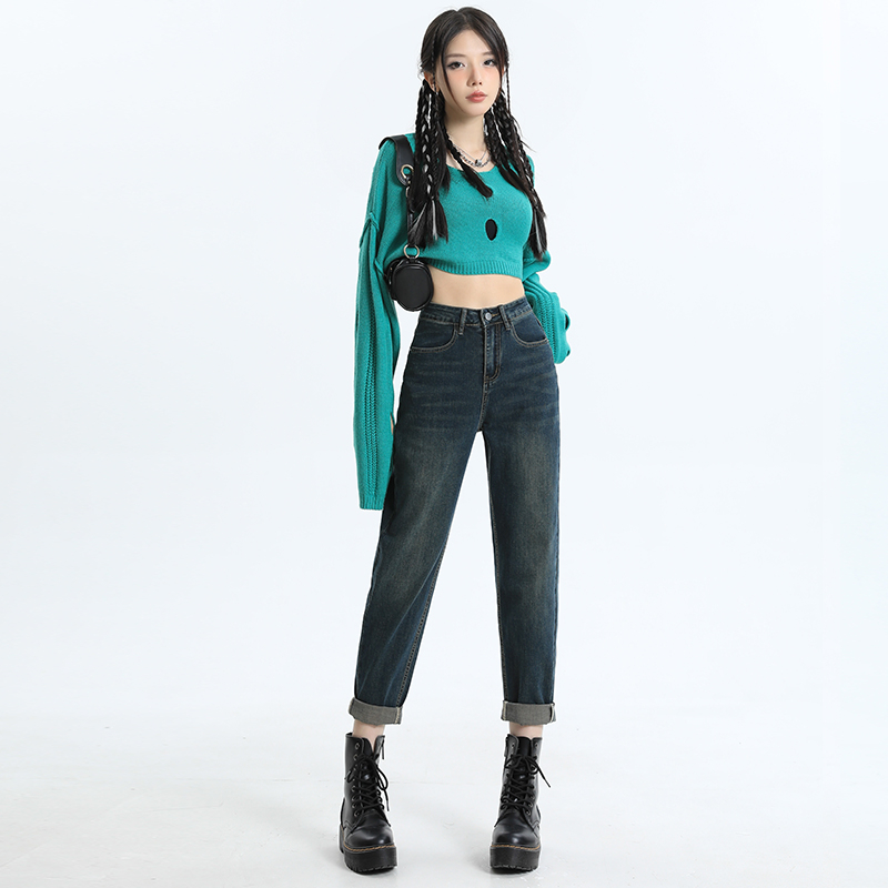 實拍2023秋季新款百搭顯瘦寬鬆老爹褲設計感牛仔哈倫褲女