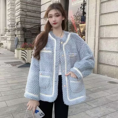  new autumn and winter Korean style small fragrant style lamb wool coat for women loose thickened imitation fur one-piece top