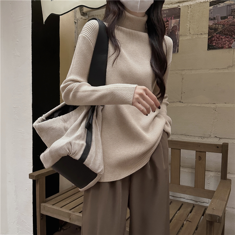 Real shot of pullover, large version, high collar, loose, lazy style, slimming knitted sweater for women