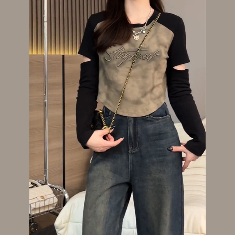 2023新款美式復古打底衫長袖t恤女裝早秋季設計感小眾甜辣小上衣