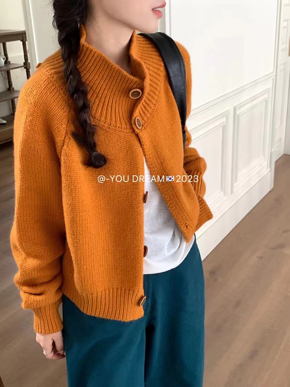 復古橘色系扣立領針織開衫女秋冬韓系慵懶風高級氣質軟糯毛衣外套