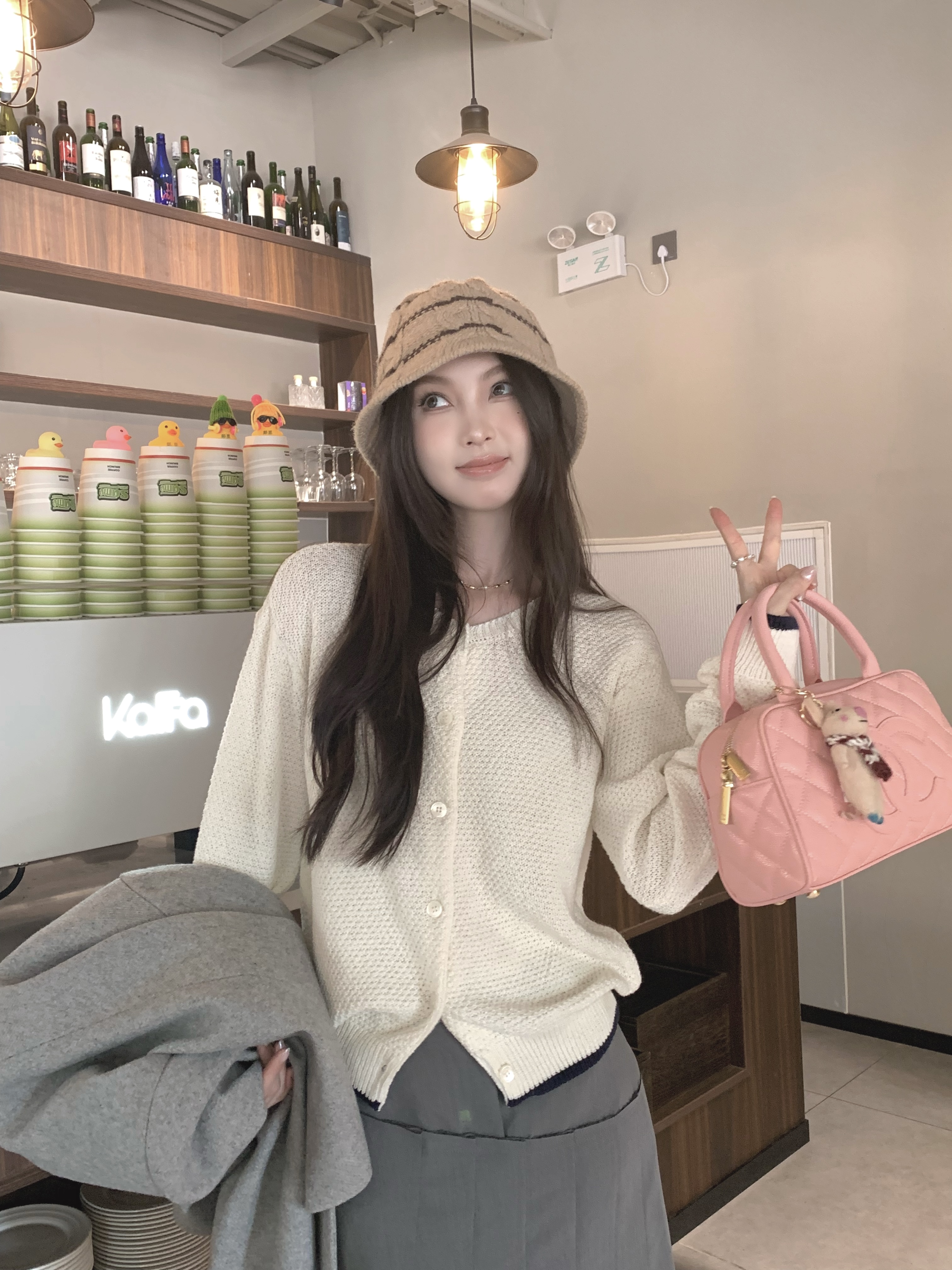 Real shot Korean style versatile multi-wear small contrasting sweater cardigan jacket