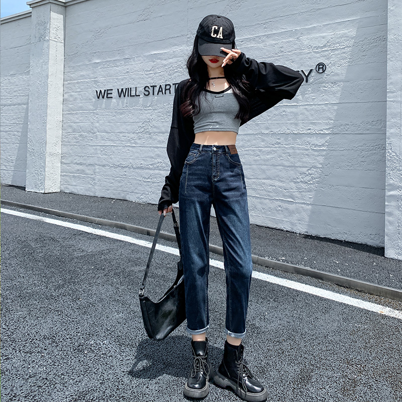 實拍2023秋新款百搭顯瘦老爹褲九分單扣哈倫牛仔褲女