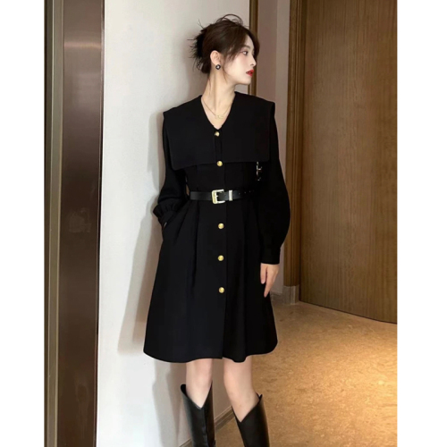 官图~LZY知音 德鲁纳小姐 秋气质名媛设计海军领显瘦收腰小黑裙