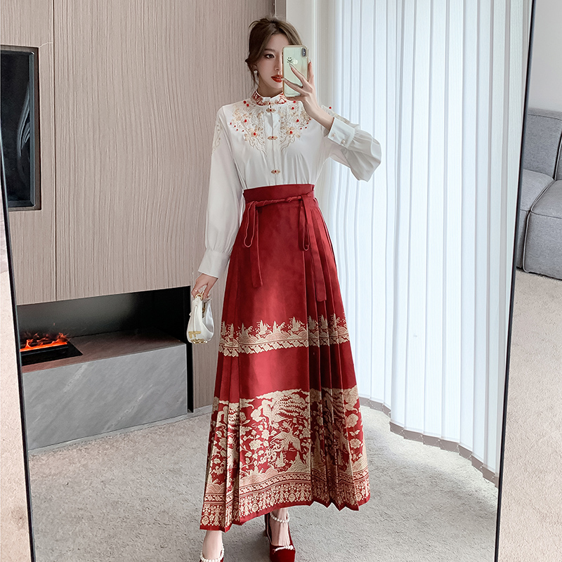 實拍 蘊錦鸞鳳豎領對襟衫重工襯衫一片式馬面裙漢服女敬酒服婚服