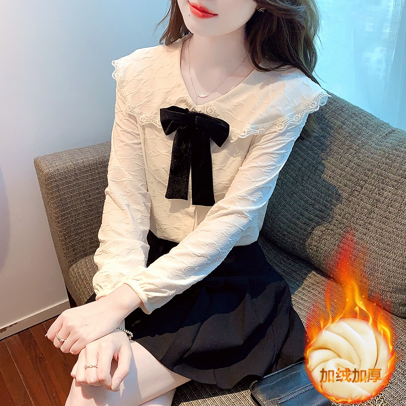 大碼女裝冬季新款法式甜美蝴蝶結娃娃領長袖加絨加厚襯衫上衣