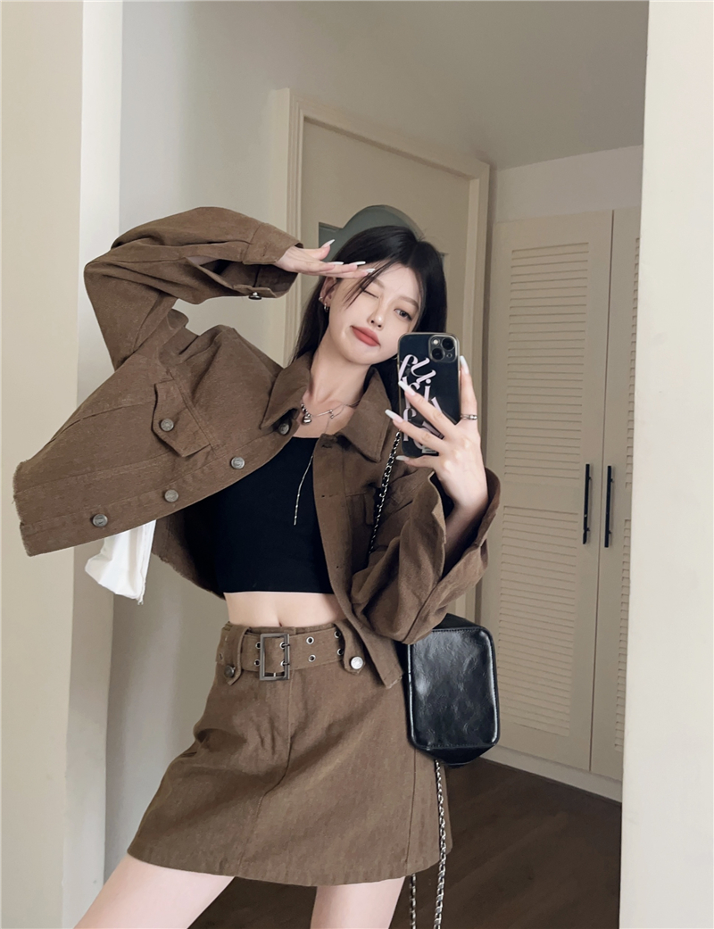 實拍美式復古百搭時尚套裝短款牛仔外套高腰字半身裙兩件套女