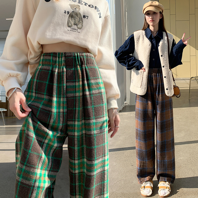 實拍格子褲女2023秋冬新款高腰垂感休閒窄版拖地毛呢直筒闊腿褲