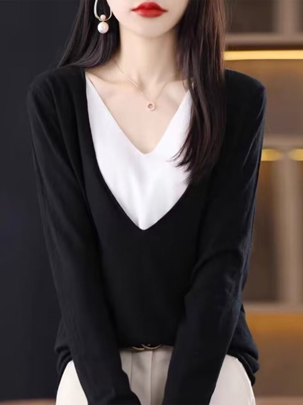 假兩件針織衫女2023秋季新款寬鬆設計感洋氣拼接撞色V領長袖上衣