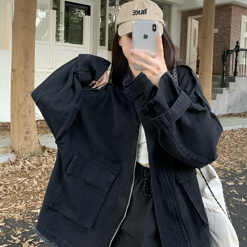 實拍 春秋山本耀司暗黑女寬鬆百搭大口袋夾克牛仔百搭短外套