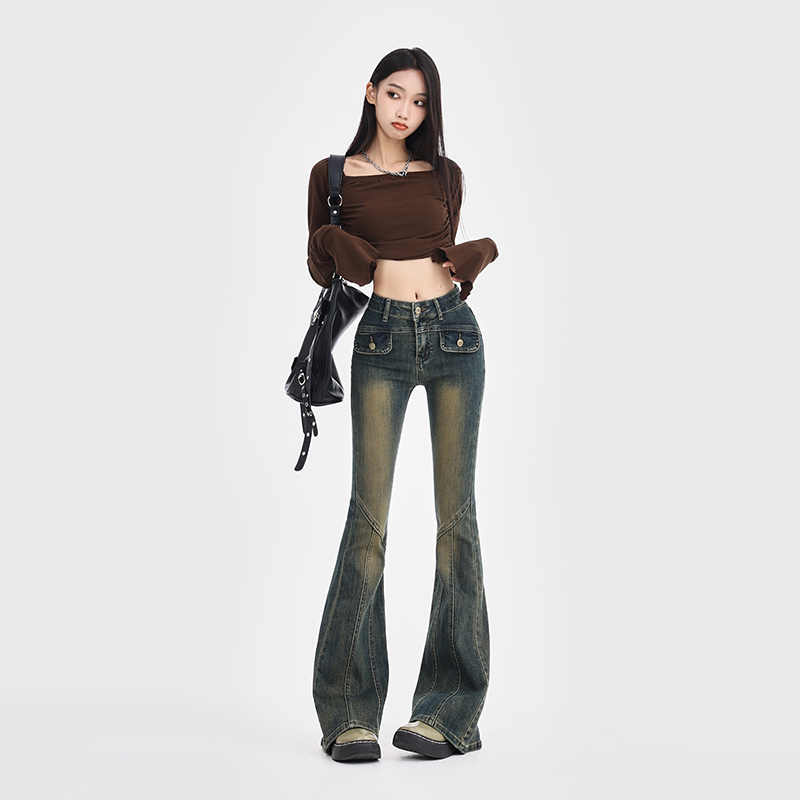 實拍2023秋季美式復古辣妹高腰喇叭小眾設計百搭顯瘦牛仔褲女