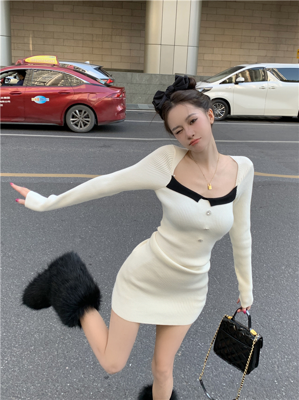 辣妹性感方領長袖針織包臀連衣裙女