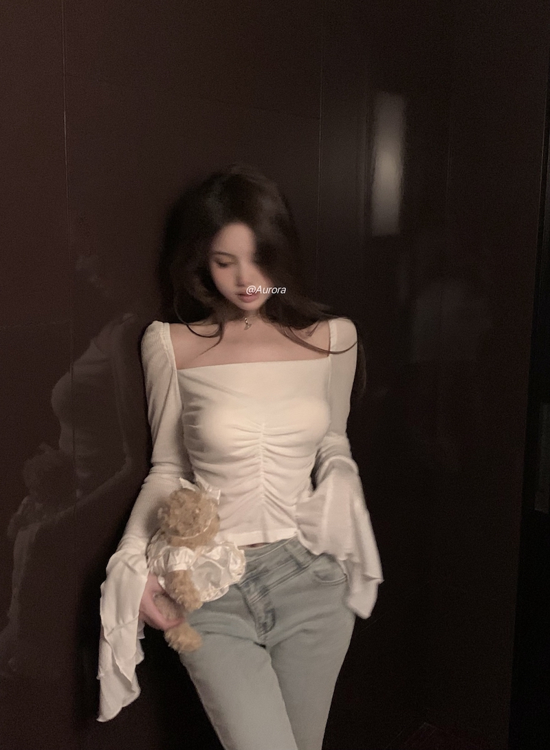 實拍 韓版修身顯瘦喇叭袖短款褶皺甜辣T恤打底衫上衣
