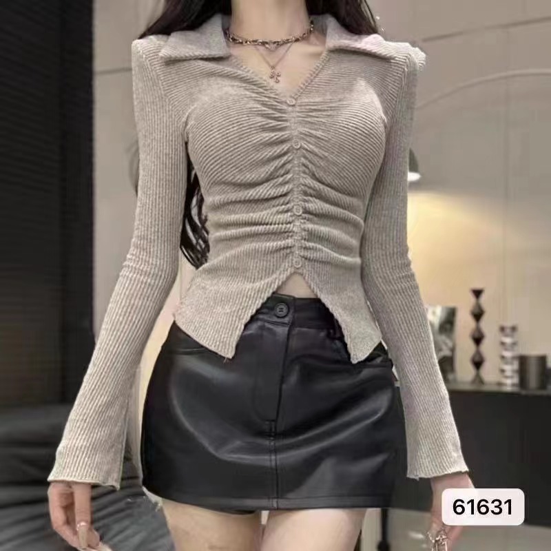 純欲辣妹修身顯瘦長袖針織衫女2023秋季純色polo翻領設計感女上衣