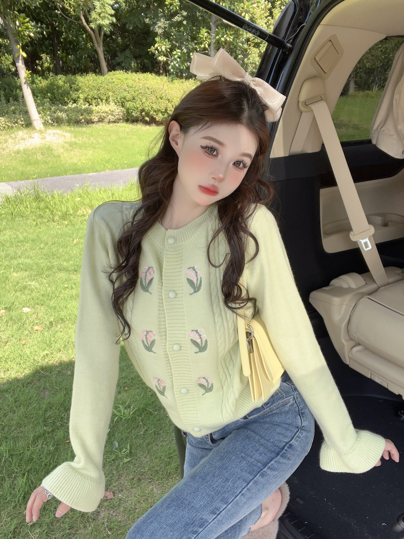 實拍 法式刺繡長袖針織開衫女秋甜美溫柔風寬鬆毛衣百搭減齡上衣
