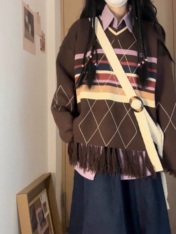 復古民族學院風V領條紋針織毛衣外套女寬鬆慵懶流蘇設計