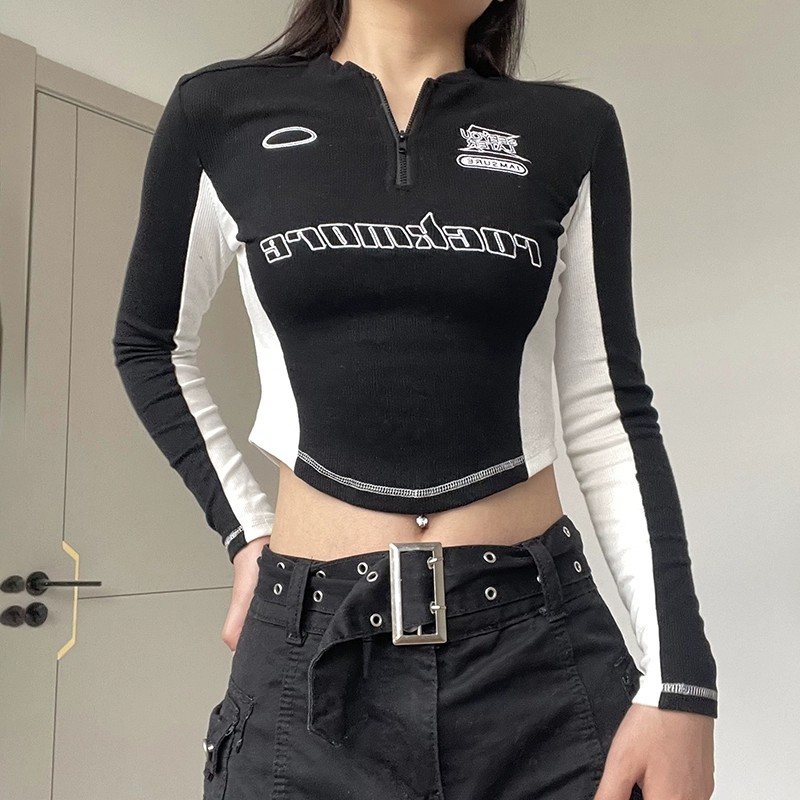 Official photo, functional style zippered half-sleeved long-sleeved contrasting color T-shirt women's tops slim fit hot girl riding